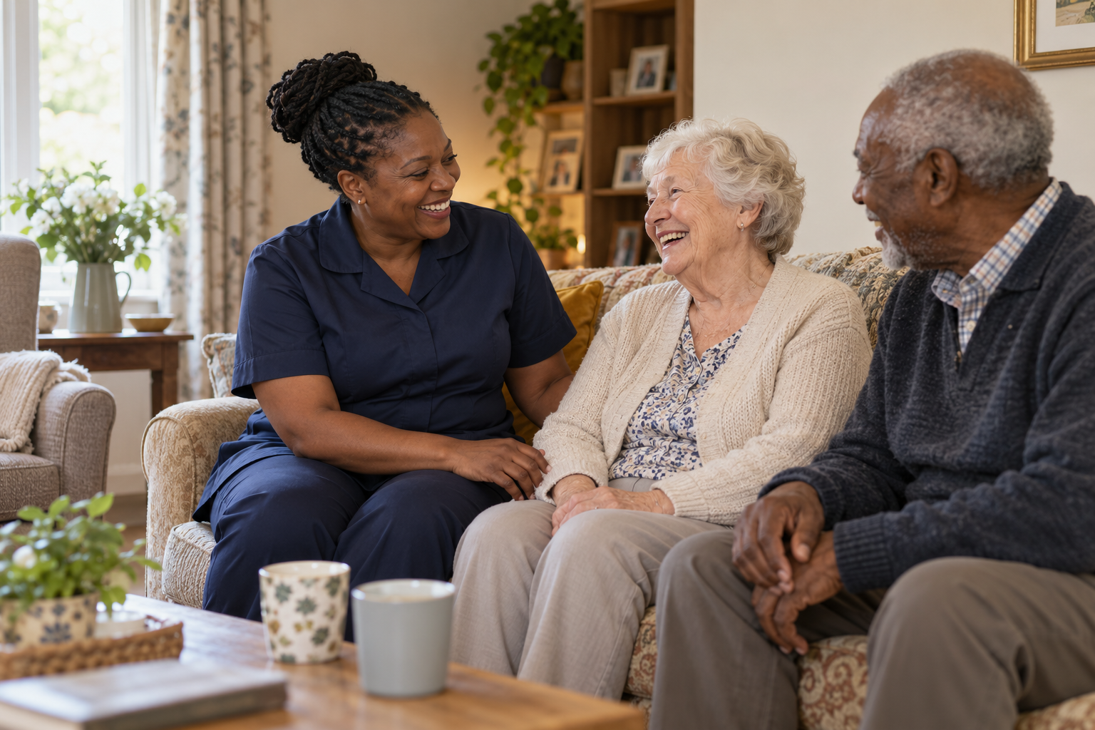 A care professional sharing a warm conversation with two older adults at home